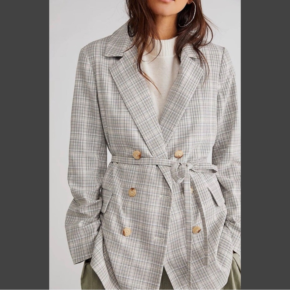 #265 FREE PEOPLE Olivia Plaid Blazer Print Natural Combo Tie Waist Coat Jacket L